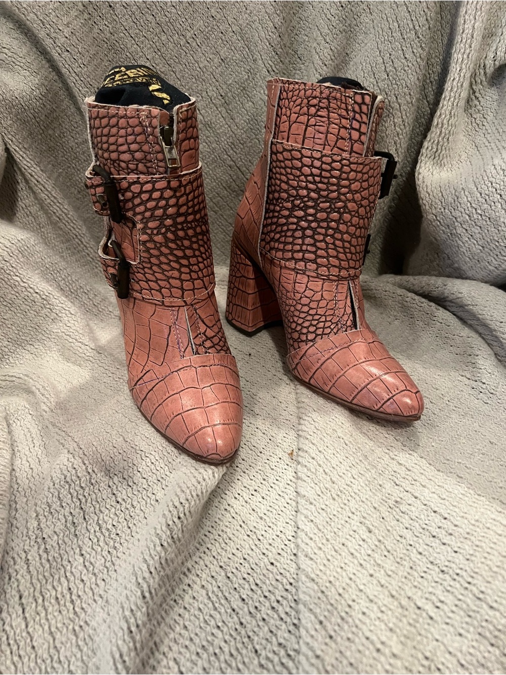 Freebird by Steven- Joey- Croc-Embossed Pointed Ankle Boots in Rose